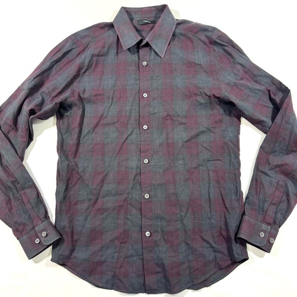 Theory Phoenix Venlo Check Shirt Long Sleeve Maroon & Grey - Picture 1 of 6